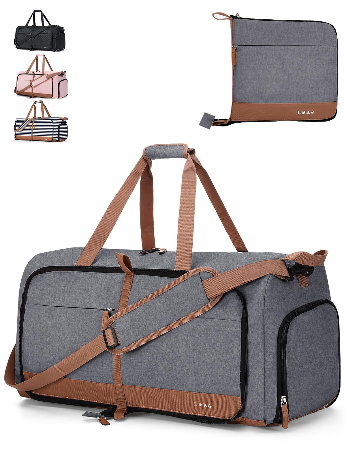 Lekesky Reisetasche Damen 60L Faltbare Reisetasche Weekender Sporttasche mit Schuhfach, wasserdichte Handgepäck Tasche/Sporttasche/Krankenhaustasche (Grau)