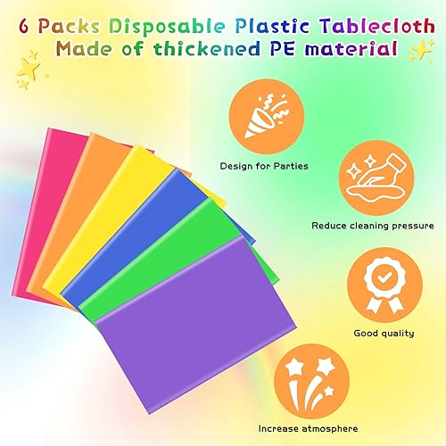 Miniatura 7 de 6 manteles de plástico desechables, manteles de arcoíris de colores surtidos, rectangulares de neón coloridos, a granel, para cumpleaños, boda,