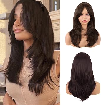 20Inch Long Straight Brown Layered Synthetic Hair Wigs, Long Layered With Bangs Straight Synthetic fiber Shoulder Length Hair for Daily Use Party Wig, Ladies Fancy Dress Wig Synthetic Hair-Wigs
