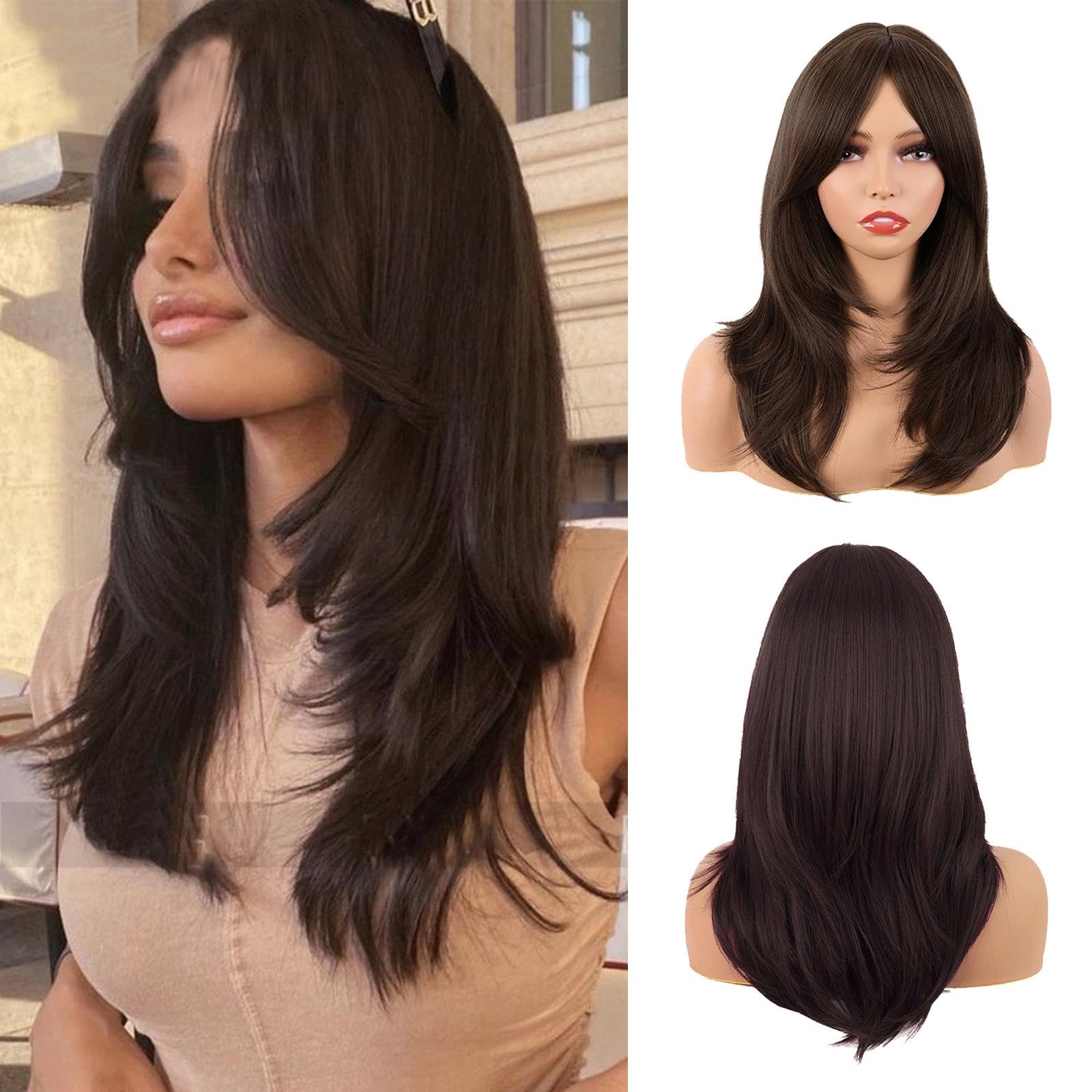 TYXHXTF 20 Pollici Lungo Dritto Marrone Stratificato Parrucche di Capelli Sintetici, Lungo Layered Con Frange Lisci Sintetico Fibra Shoulder Lunghezza Capelli per Quotidiano Parrucche Uso Quotidiano
