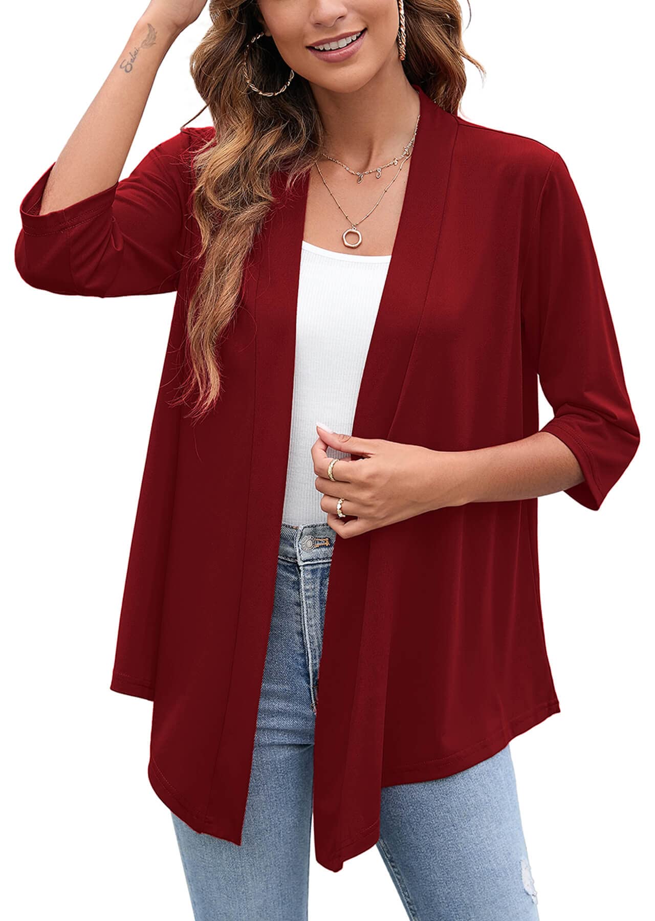 Heymoments Women's Lightweight Open Front Cardigans 3/4 Sleeve Casual Soft Drape Fall Cardigan S-2XL