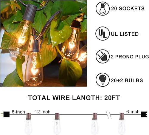 Miniatura 5 de Abeja Tira de luces para exteriores de 20 pies con 20 bombillas vintage (2 de repuesto), tira de luces ST40, resistente al agua, certificación UL