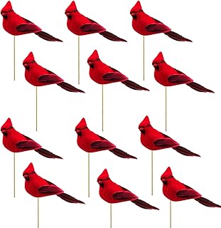 Alpurple 12 Packs Artificial Red Cardinal Birds on a Wooden Stick-Christmas Realistic Red Cardinal Floral Picks for Christmas Tree Ornament Decorations, Arts and Crafts