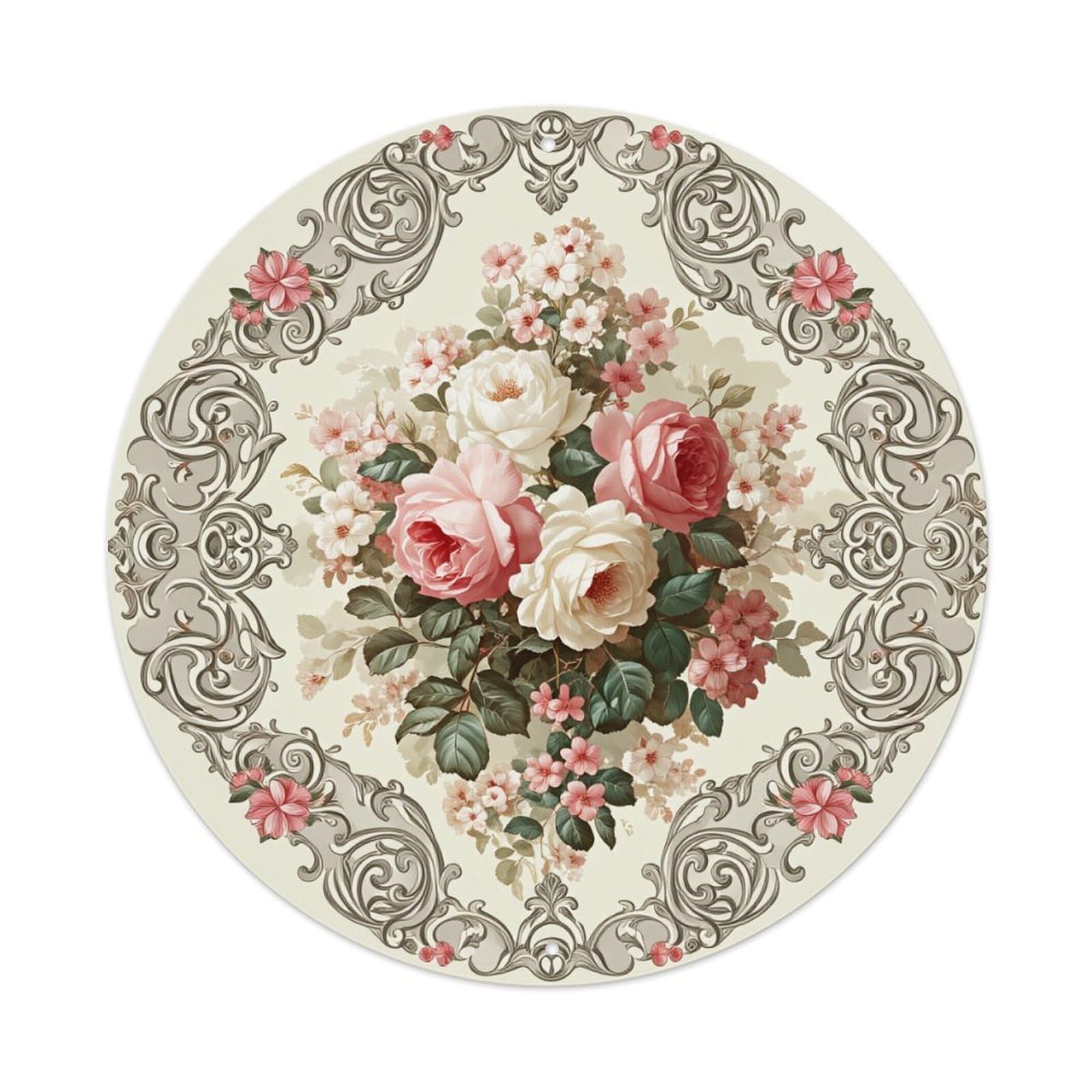 Floral Rose Bouquet Ornate Round Tin Sign Vintage Metal Poster, Home Bar Garage Man Cave Cafe Indoor & Outdoor Wall Decoration 8x8Inches
