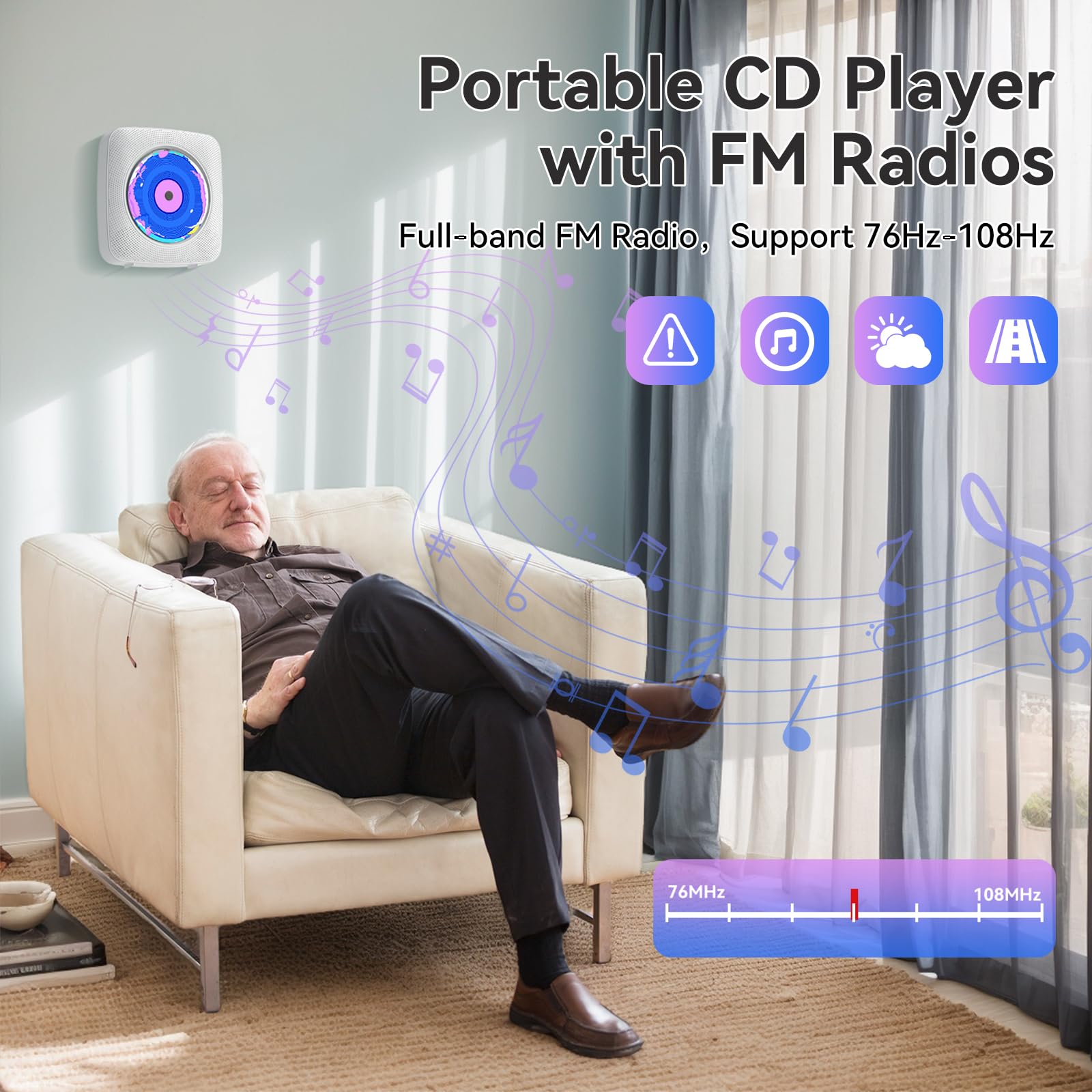 Lecteur CD Portable Bluetooth: Kegaudio Lecteurs CD Enfant avec Haut-Parleur Radio Lecteur de CD Mural avec Télécommande Prise USB AUX 3,5 mm Blanc