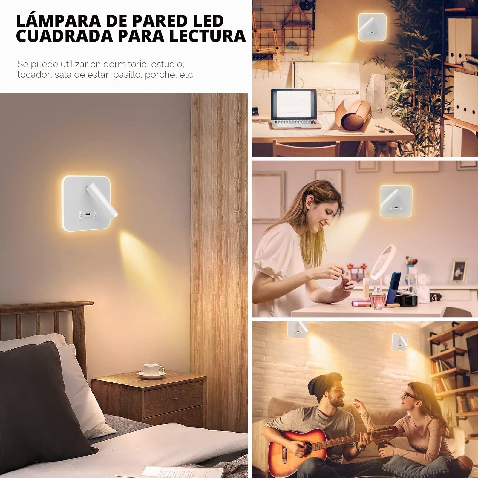 Weigudoc Lámpara de Pared LED, Luz de Lectura Junto a la Cama, Aplique de Pared Cabecera Ajustable, con Puerto de Carga USB e Interruptor, Luces de Pared de Pasillo (luz cálida 3W + 9W)(Blanco 2pcs)