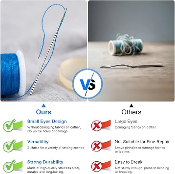 48 Pcs Sewing Needles, Small Eye Stainless Steel Needle with Threader and Thimble, Hand Sewing Supplies for Leather Cotton Fabric Denim, Small Eye Emergency Sewing Kit not Damaging The Leather