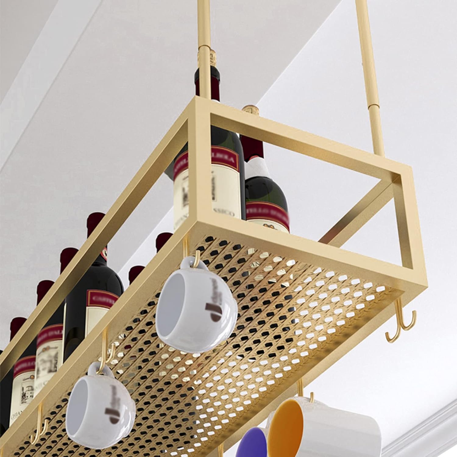 Hanging Wine Rack, Metal Ceiling Bottle Rack, Vintage Display Wine Storage Holder with Stemware Glass Shelf for Under Cabinet, Kitchen, Bar, Adjustable Height,Black,100x25cm Chaser