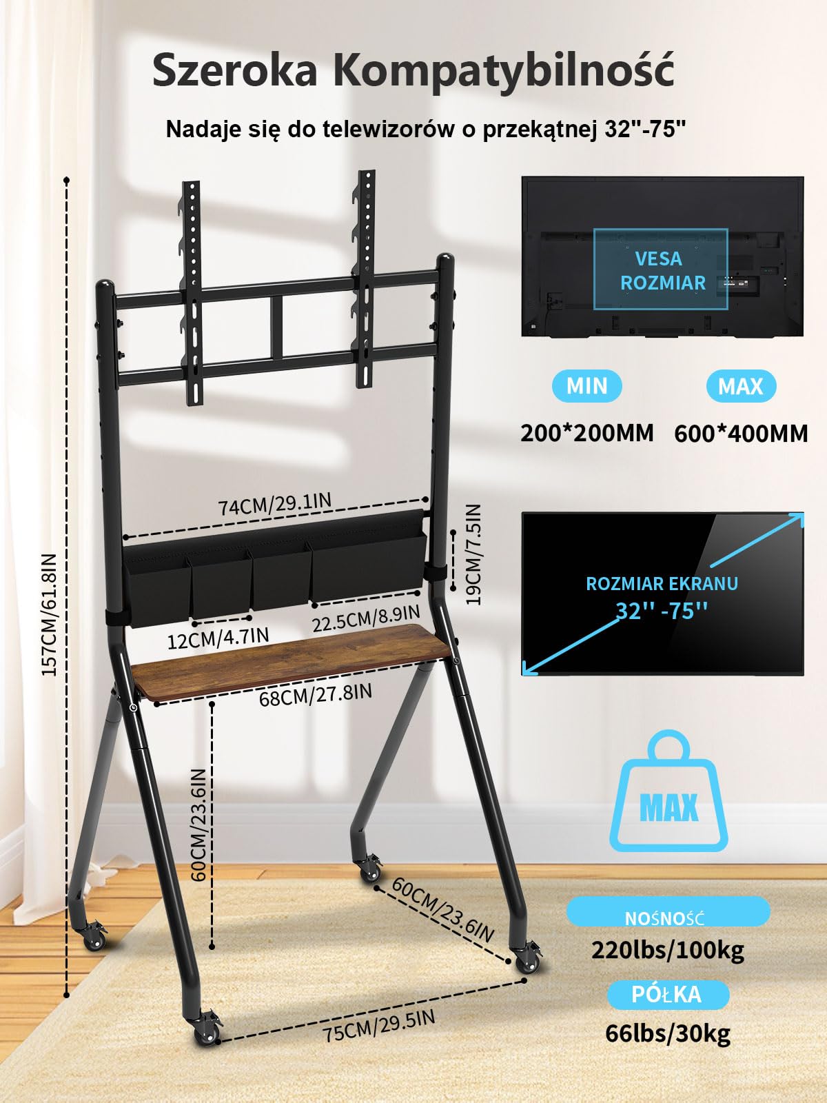 Stojak na telewizor z torbami do przechowywania, antykolizyjny estetyczny design, mobilny wózek na telewizor 32-75 cali, LCD/LED/OLED, płaski/zakrzywiony ekran, mieści do 100 kgregulacja wysokości