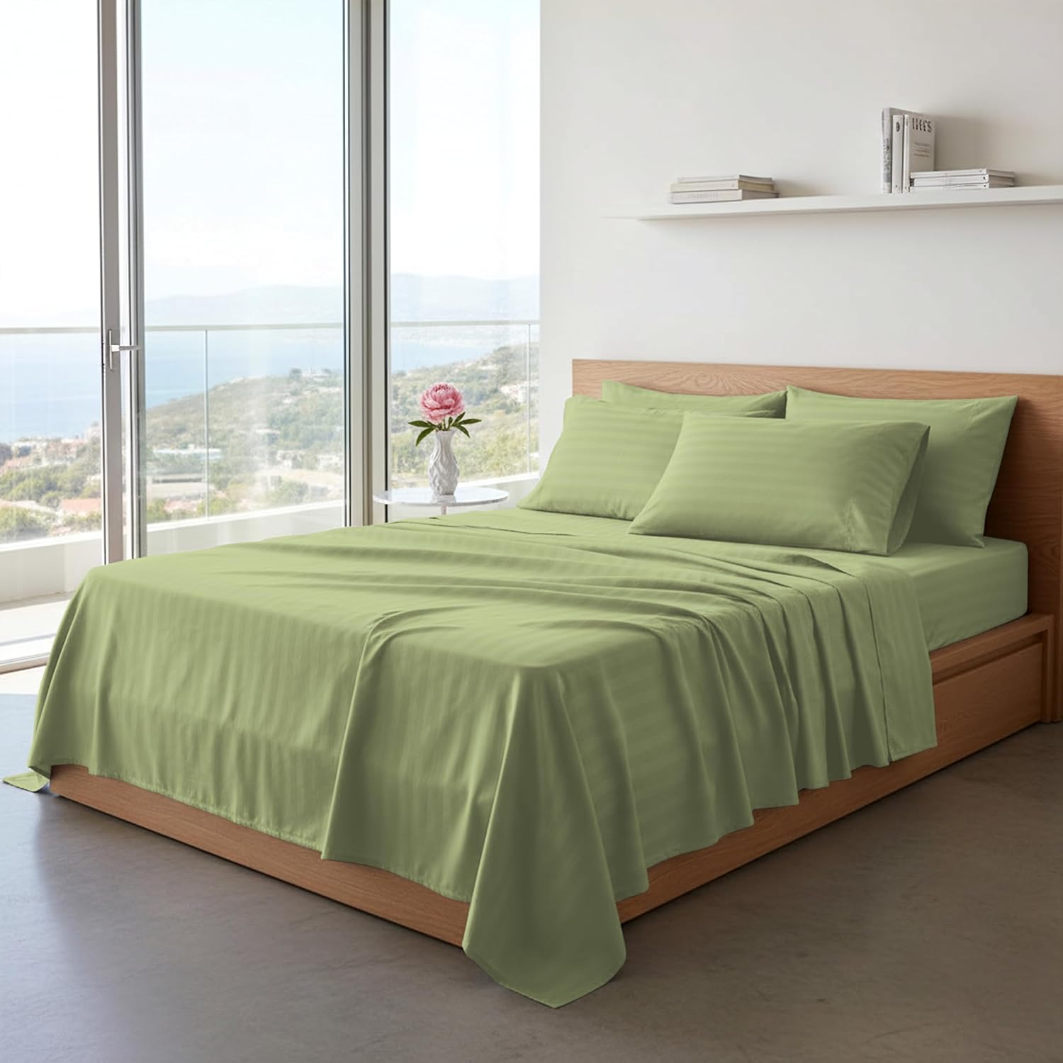 Elegant Comfort Super Silky Soft - 1500 Thread Count Egyptian Quality Luxurious Wrinkle, Fade, Stain Resistant 4-Piece STRIPE Bed Sheet Set, Queen Green