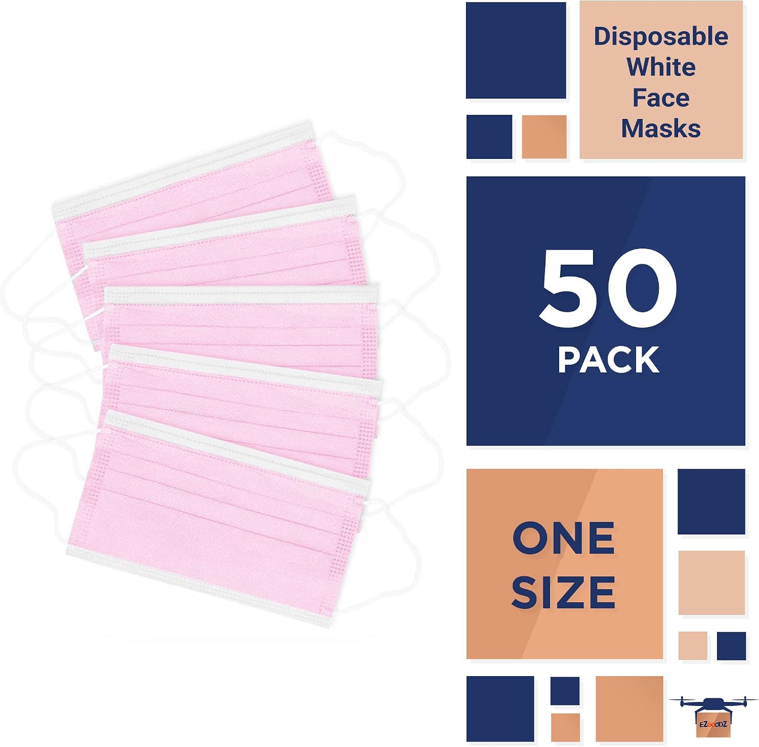 EZGOODZ Disposble Face Masks. Pack of 50 Pink Adult Mouth ; Nose Covers. 3-ply Face Covers with Nose Wire. Face Protection with Adjustable Earloops for Outdoor, Home, Office. Unisex Dust Mask