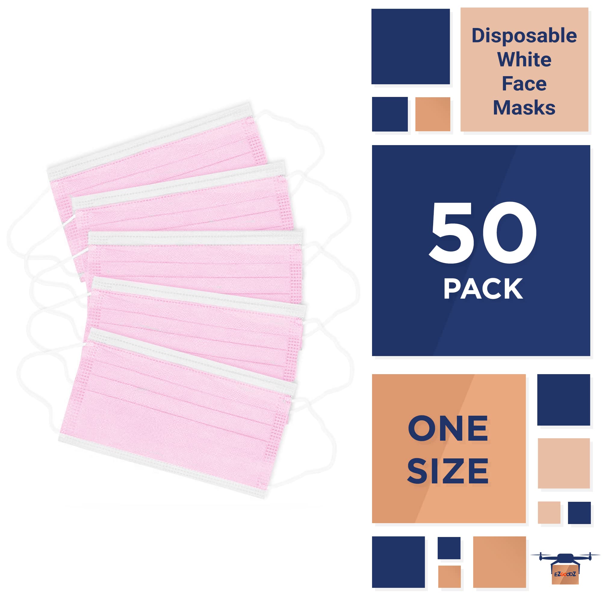 EZGOODZ Disposable Pink Face Masks. Pack of 50 Adult Mouth and Nose Masks. 3-ply Mouth Covers with Nose Wire. Face Protection with Adjustable Earloops for Outdoor, Home, Office. Unisex Dust Mask.