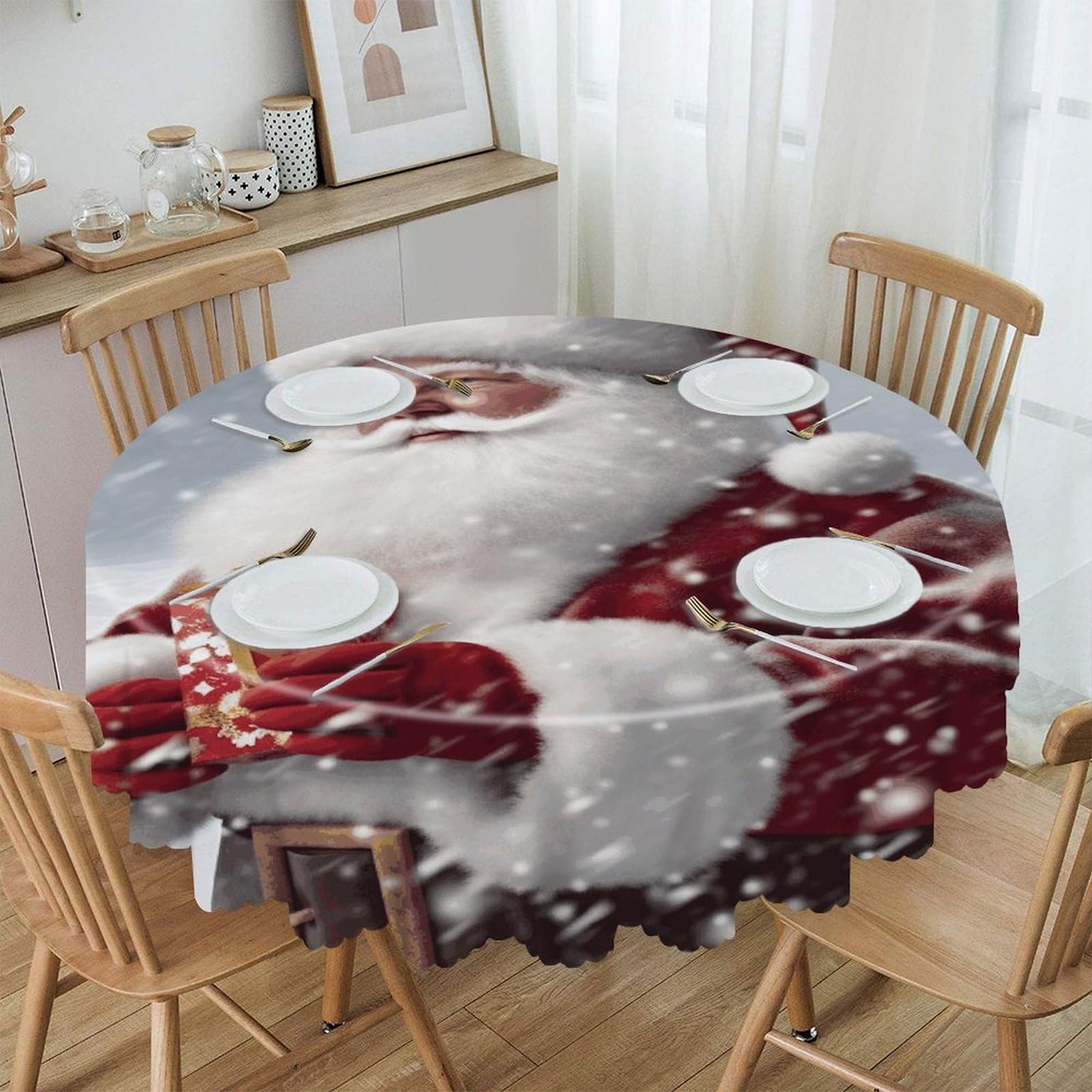 JTREHY - Santa Claus Round Tablecloth 60 Inch Waterproof Spillproof Washable Polyester Washable Table Cover for Buffet Tables Party Dinner