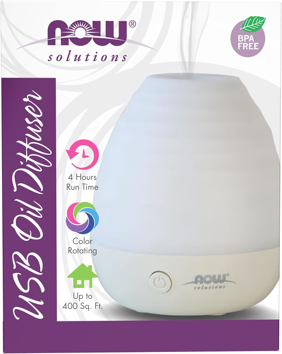 NOW Essential Oils, Difusor ultrasónico de aceite de aromaterapia USB, extremadamente silencioso, sin calor y fácil de limpiar, difusor LED que cambia de color