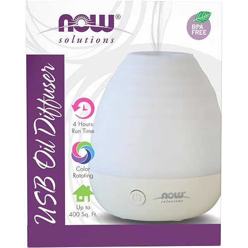 NOW Essential Oils, Ultrasonic USB Aromatherapy Oil Diffuser, Extremely Quiet, Heat Free, and Easy to Clean, Color Changing LED Diffuser