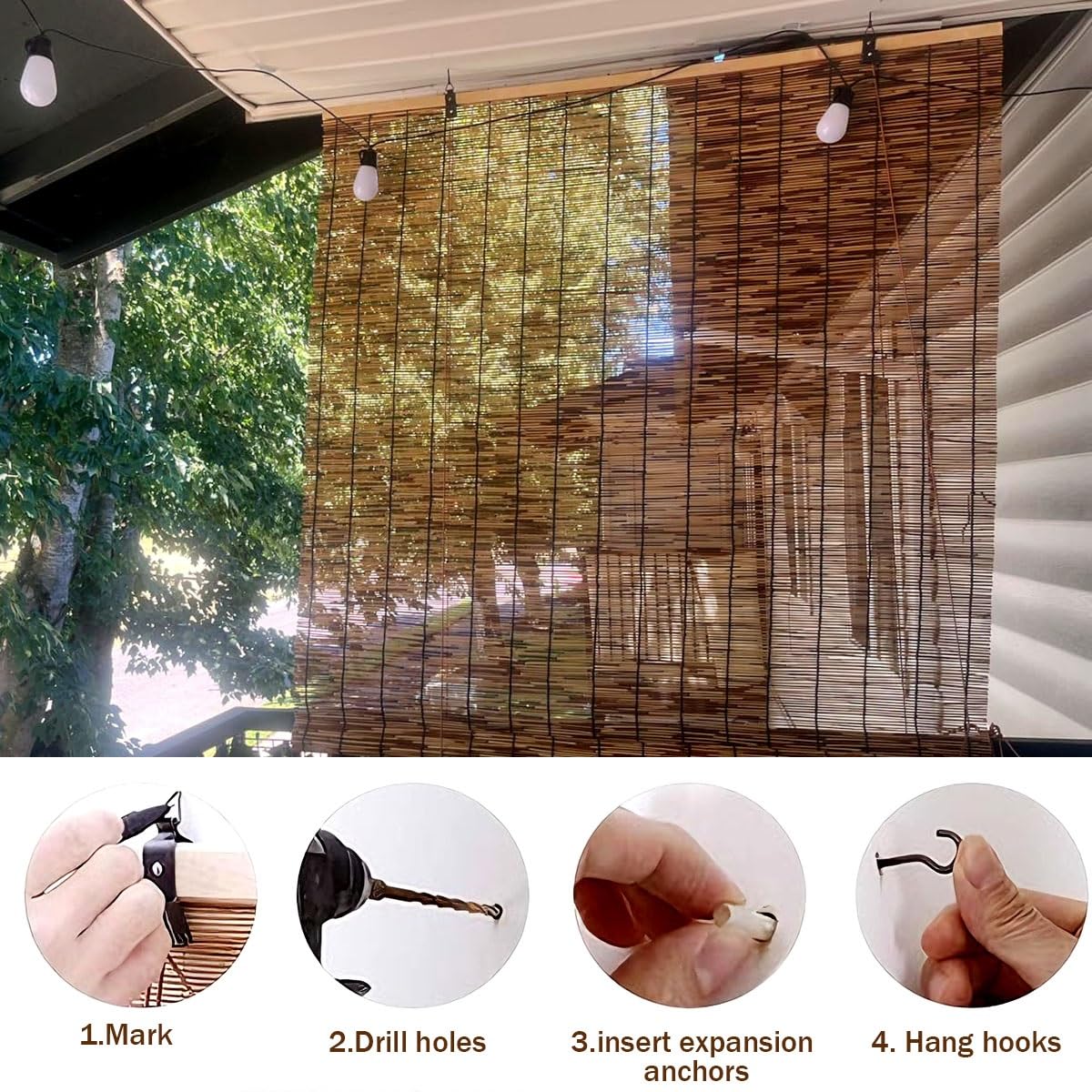 Naturel Store Bambou Enrouleur D'occultation 70% Stores Venitien Bambou Interieur Extérieur pour Fenêtre Porte Imperméables Intimité Rideau de Roseau Rétro Store en Bambou(W140cm x H200cm)