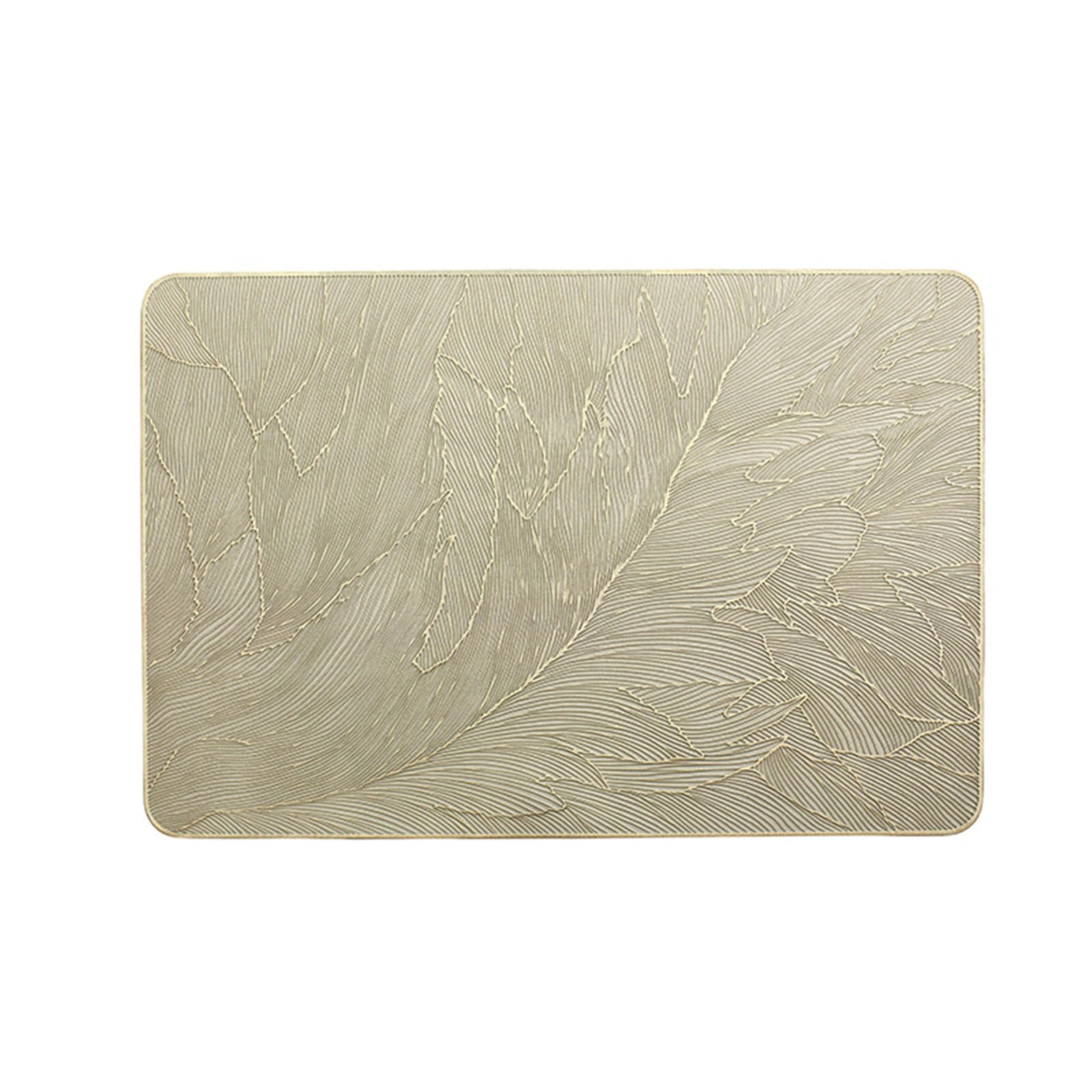 Juego de 6 manteles individuales rectangulares de PVC, resistentes al calor, antideslizantes, lavables, con patrón de plumas, color dorado, para cocina, comedor, restaurante, 45 x 30 cm