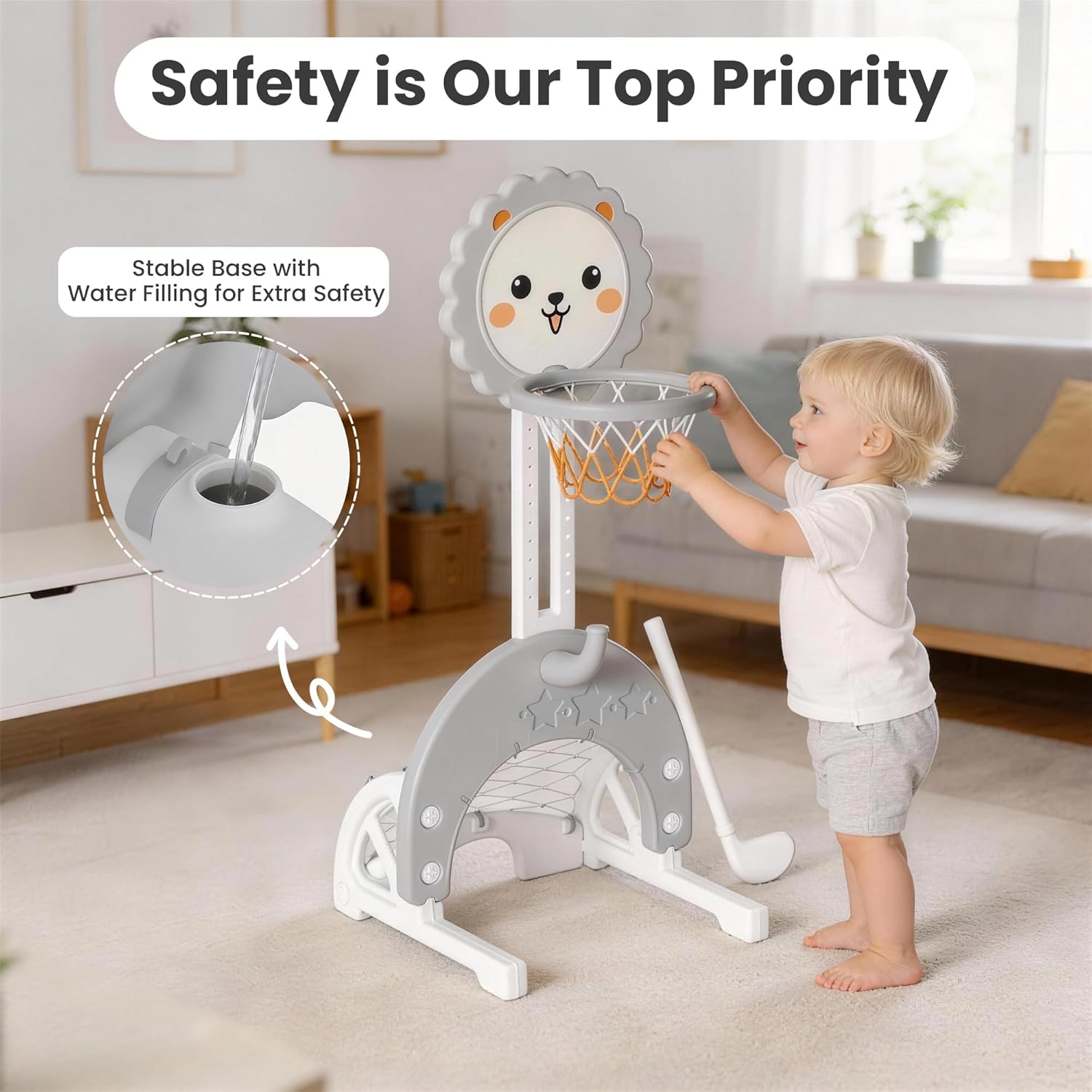 4-in-1 Toddler Basketball Hoop Adjustable Height Indoor Outdoor Sports Center for Kids Aged 1-3 Basketball, Soccer, Hockey & Ring Toss, Grey and White
