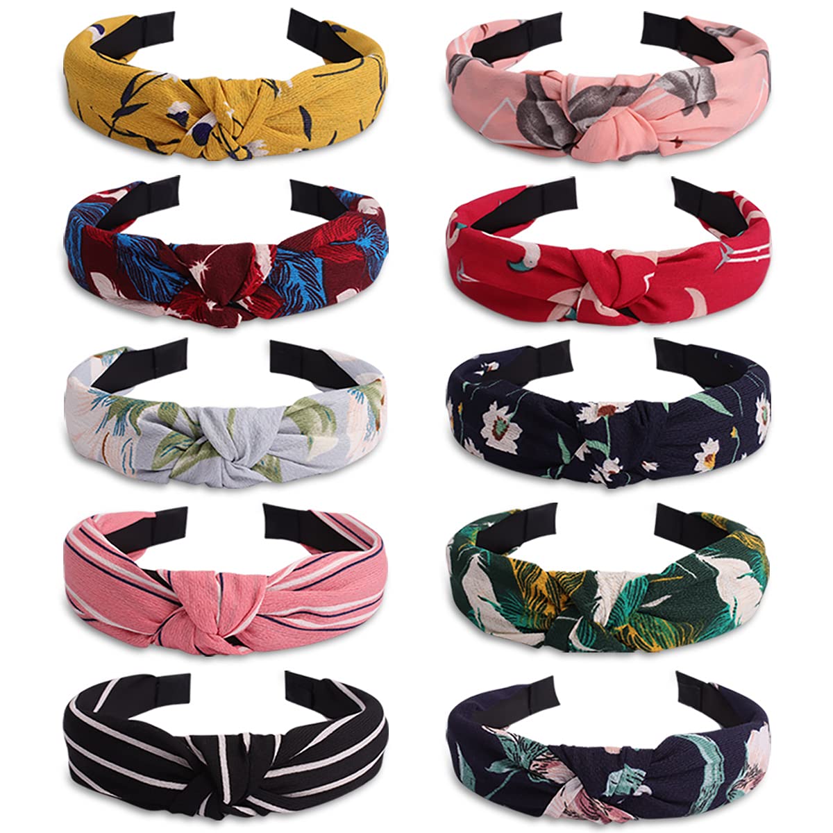 TOBATOBA 10 Pack Women Wide Headbands Knot Turban Headband Twist Wide Plain Headband Yoga Headband for Women,Include 5pcs Pure Color and 5pcs Floral Pattern Headband,diademas para mujer de moda head bands no slip : Beauty & Personal Care