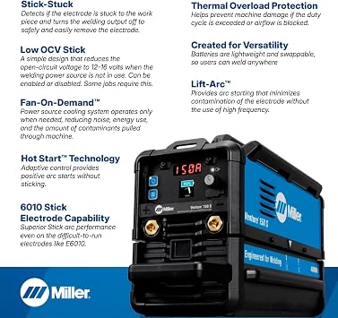 Miller VentureTM 150 S Battery-Powered Stick/TIG Welder (20150A DC) 400Wh Swappable Battery Pack 27 lb. Portable Welding Power Source