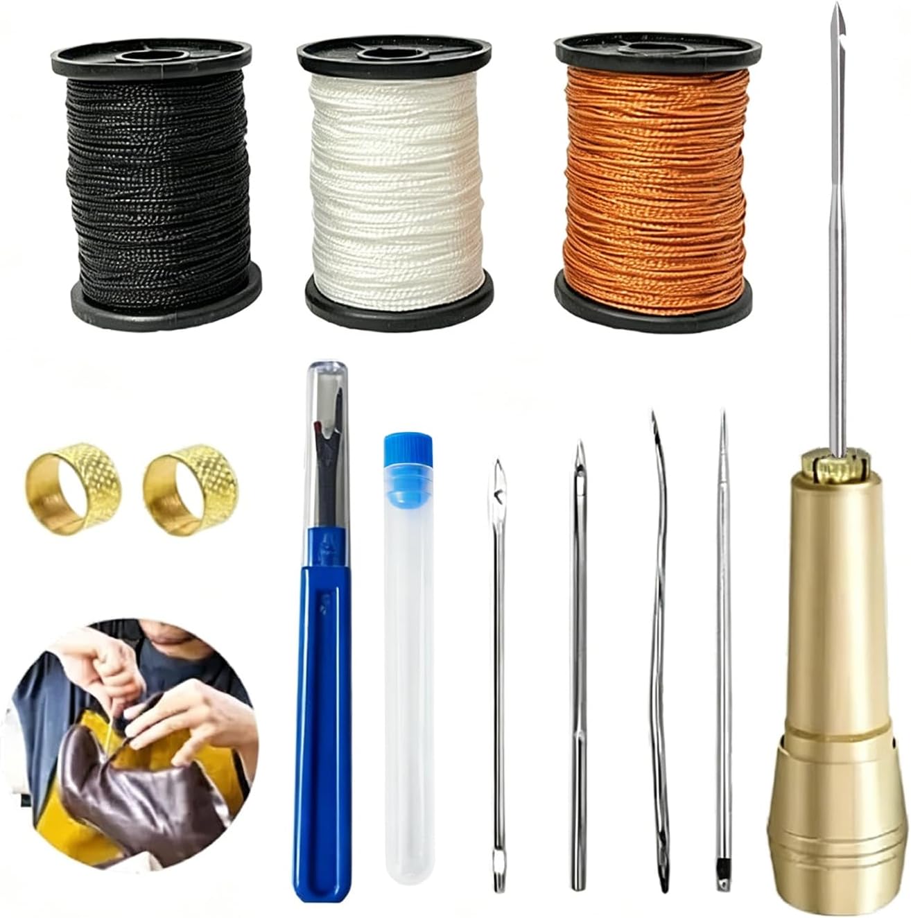 Leather Sewing Awl Kit with 3 Colors of Thread, Copper Handle, 5 Needles, and Accessories for Canvas, Shoe, and Leather Repair