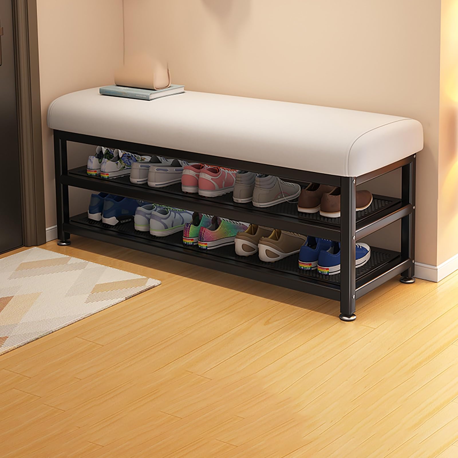 MSHGSKU Upholstered Entryway Bench with Shoe Rack Space Saving Shoe Storage nizer for Hallway & Living Room Stylish Warm White 100x30x50cm