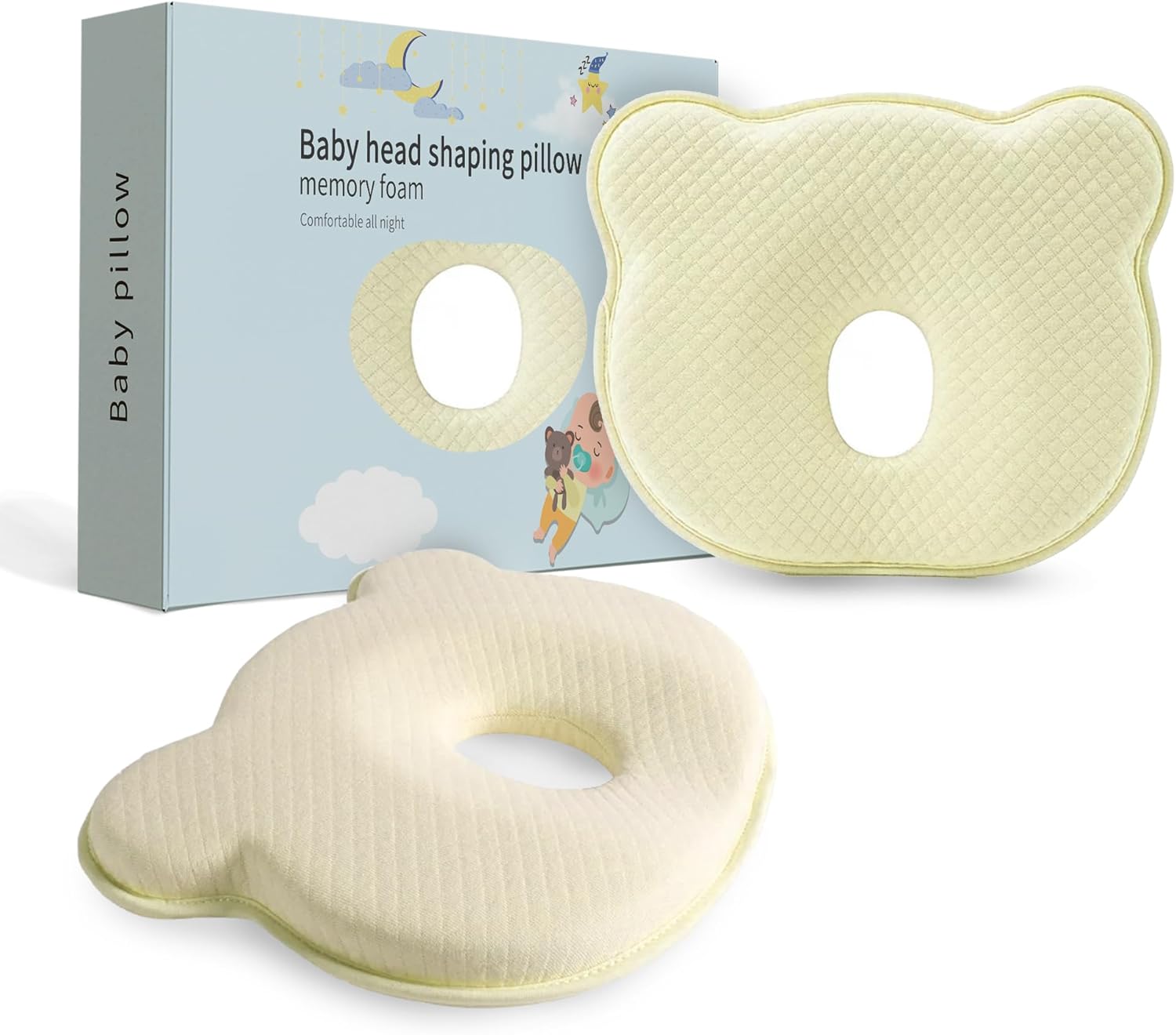Soft and Breathable Pillow with Memory Foam and Bear Design (Soft Yellow)