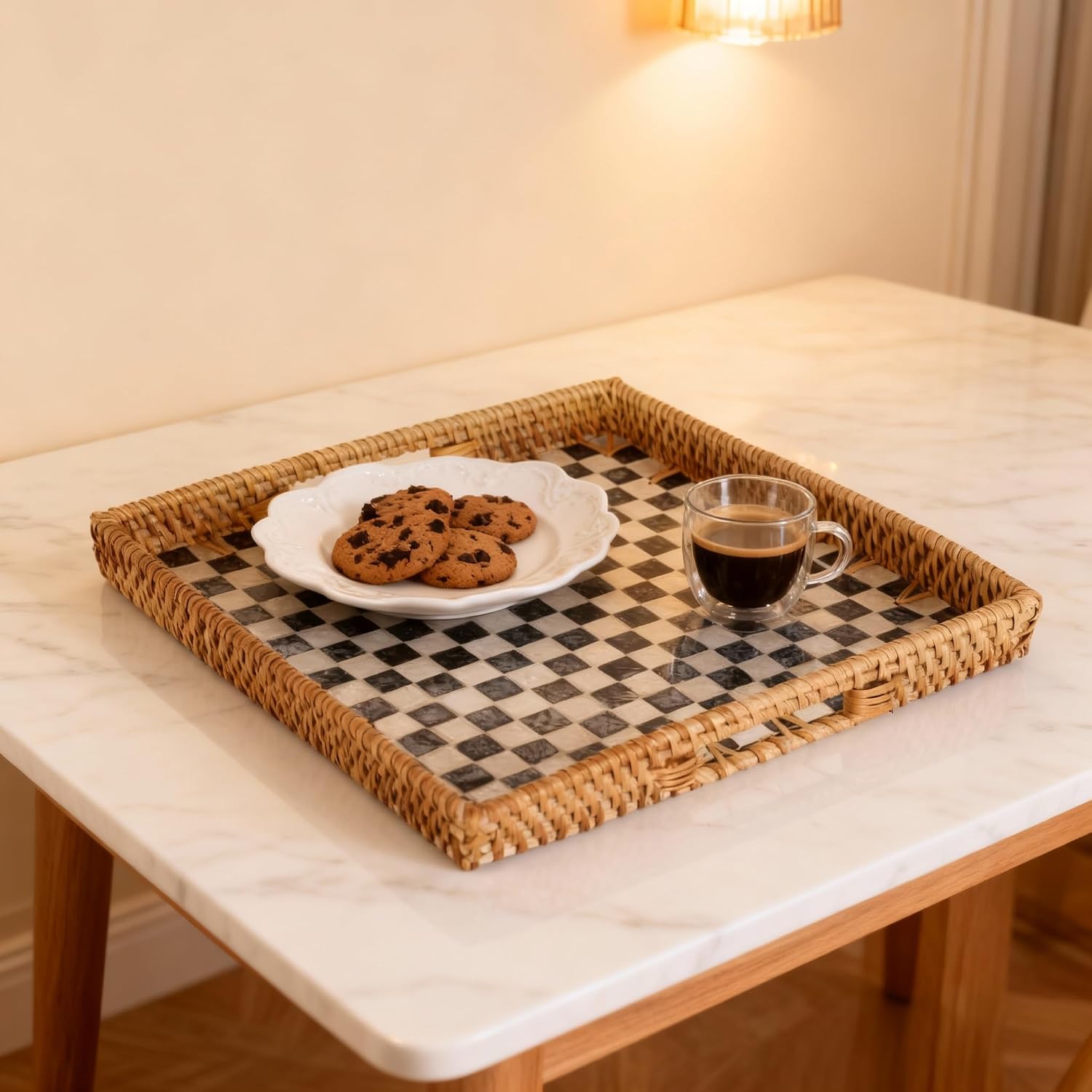Checkered Serving Trays,Boho Rattan Tray,Black and White Serving Trays,ArabesqueTray for Coffee Bread Fruits Table Decor,Checkered Home Decor (Square)