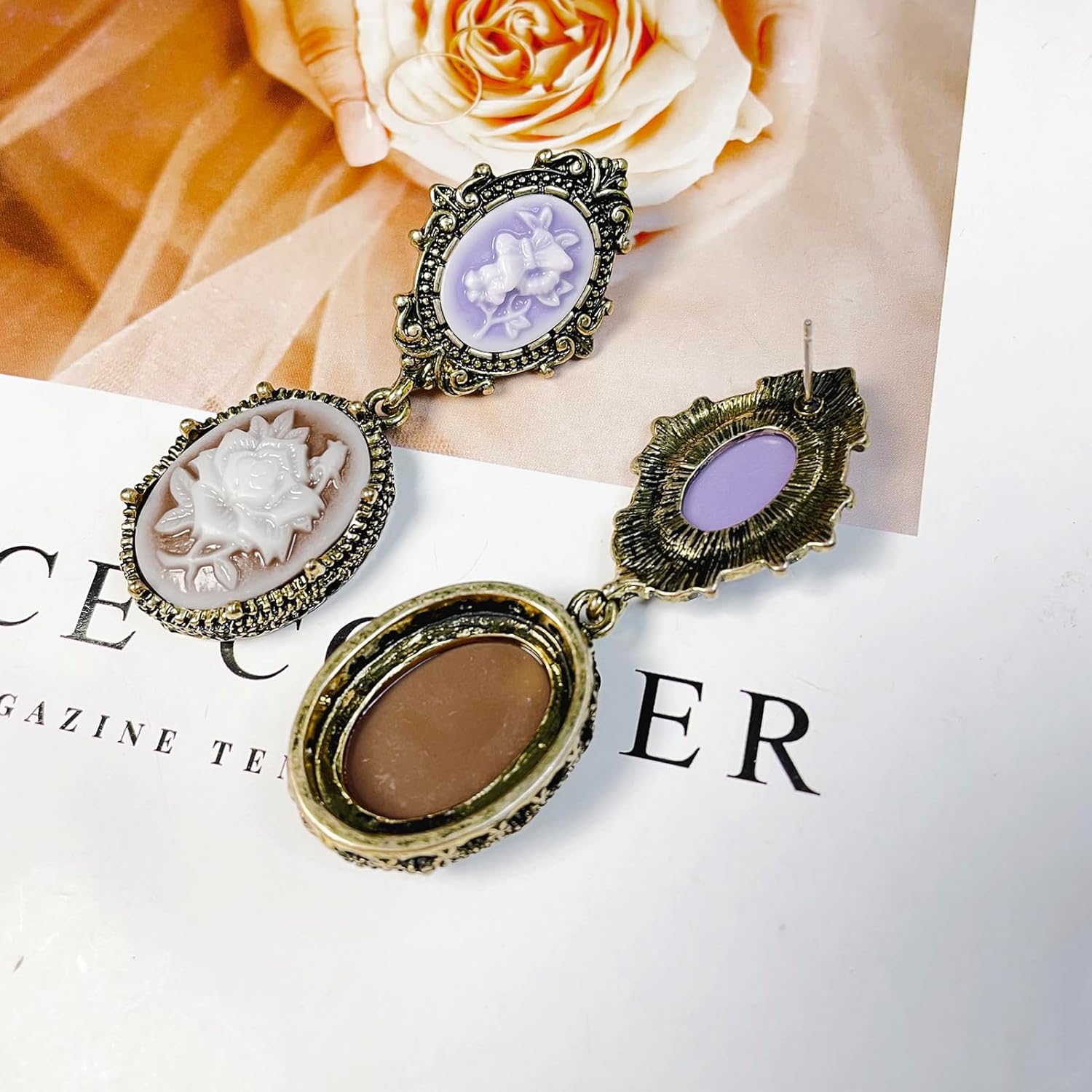 Gold Tone Cameo Earrings, Vintage Jewelry Victorian Art Deco Antique Retro Style Cameo Drop Earrings