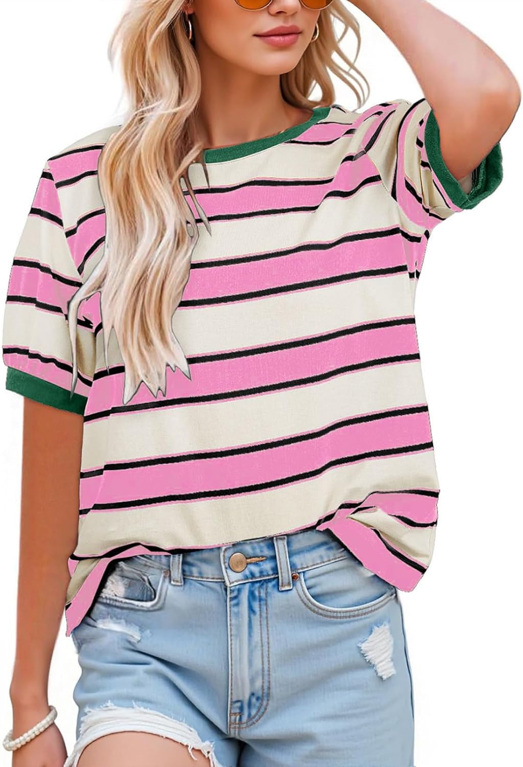 Womens Summer Tops Striped Color Block Short Sleeve T-Shirts Color Block Crewneck Casual Loose Basic Tee Blouses