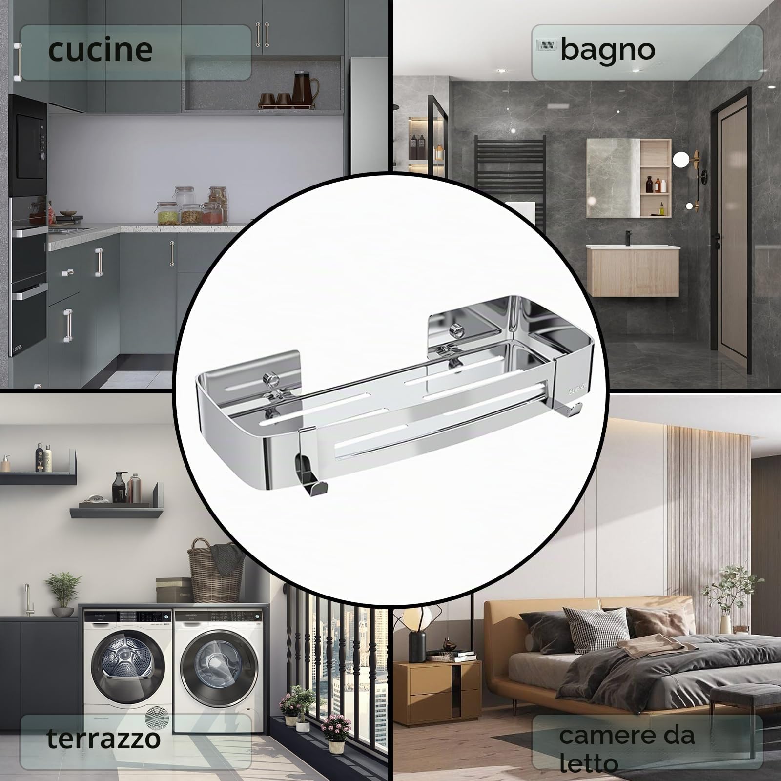 Mensola Doccia Senza Foratura, Mensola per Docciain SUS 304 Acciaio Inox con 4 Ganci, Organizer Adesiva Angolare Rettangolare Accessori da Bagno per Doccia, Bagno, Cucina (Argento - 1 Strati)