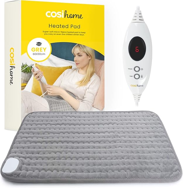 Heat Pad by Cosi Home® - Luxury Electric Heating Pad - Extra-Large, Machine Washable, Digital Remote and 6 Heat Settings to Warm and Relax (Grey) - Heated Pad