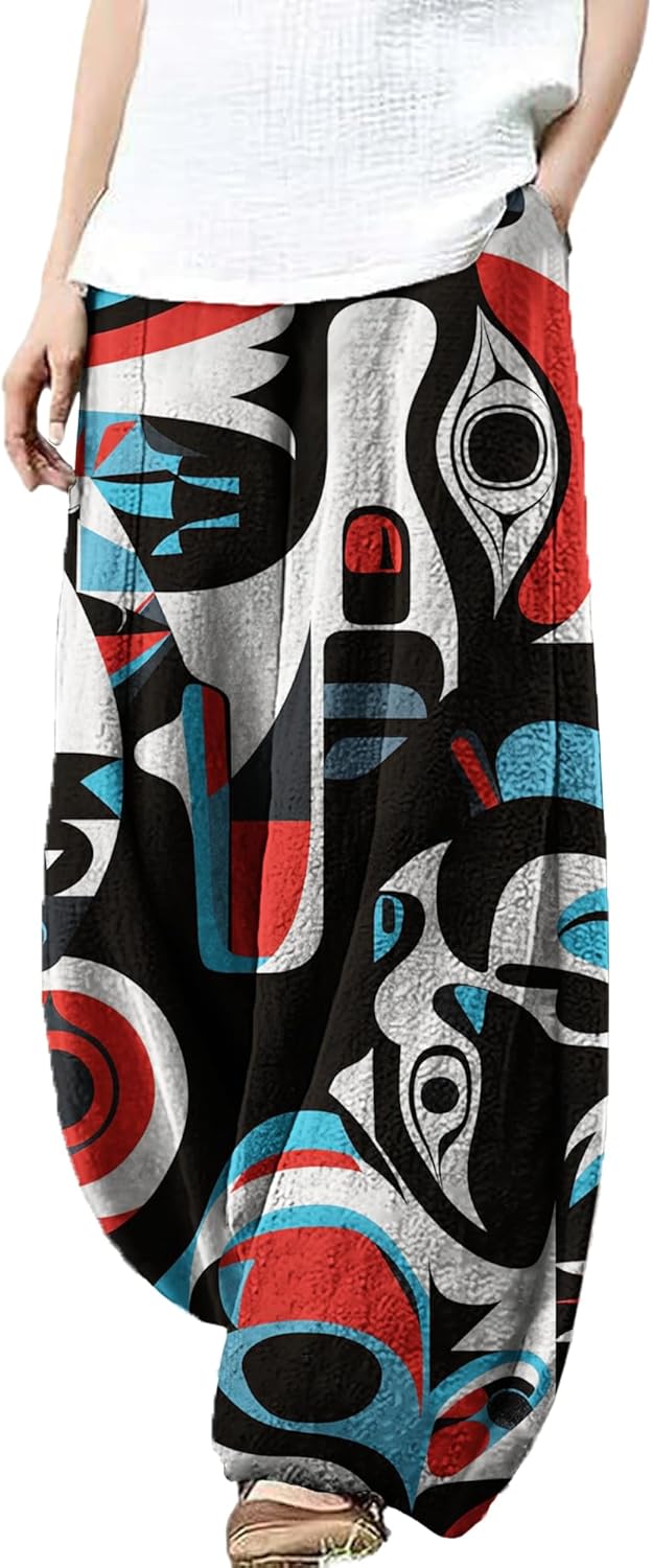 MARSVOVO Harem Pants Women Casual Baggy Wide Leg Palazzo Pants with Pockets Elastic Waist Travel Trousers Pants Oversize