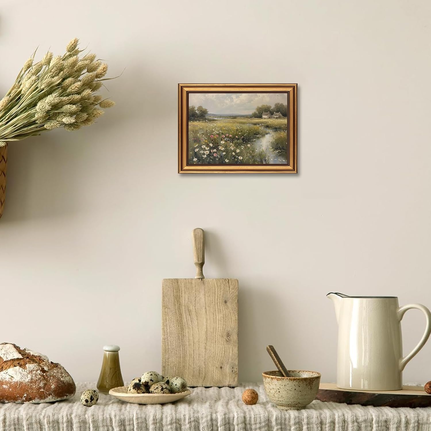 Vintage Gold Framed 3D Textured Wall Art Country Wildflower Field River Wall Decor Picture Summer Farmhouse Nature Rustic Cottagecore Landscape Poster Print for Gallery Home Decoration 12x16in