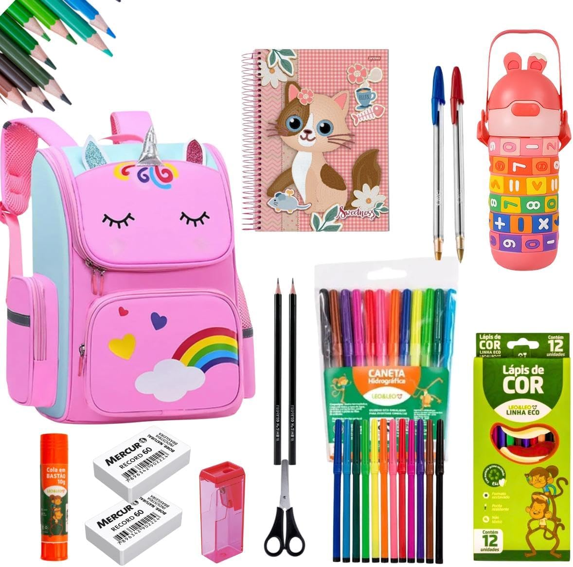 Kit Escolar Premium com Mochila Unicórnio Rosa, 38 Peças, Inclui Caderno, Lápis de Cor, Canetas, Borrachas, Material Completo para Estudantes