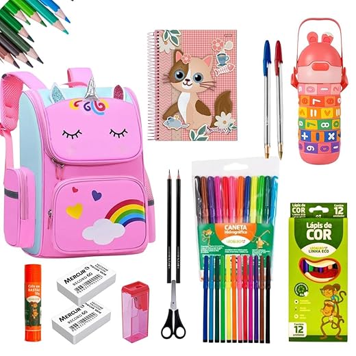 Kit Escolar Premium com Mochila Unicórnio Rosa, 38 Peças, Inclui Caderno, Lápis de Cor, Canetas, Borrachas, Material Completo para Estudantes