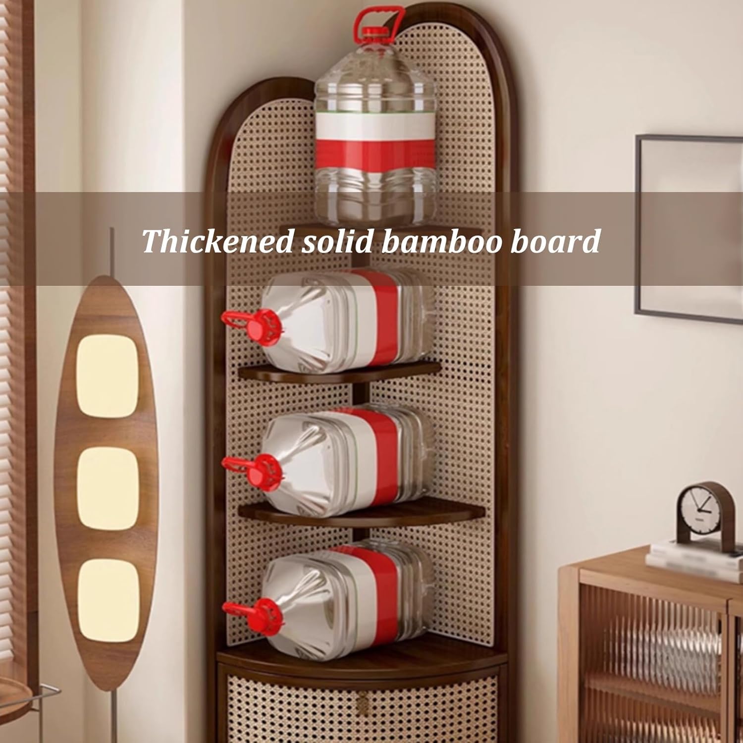 4-Tier Rattan Corner Shelf Stand with Wheels, Multi-Functional Corner Bookshelf and Storage Basket, Stylish Floor-Standing Display for Bedroom & Living Room (Black)