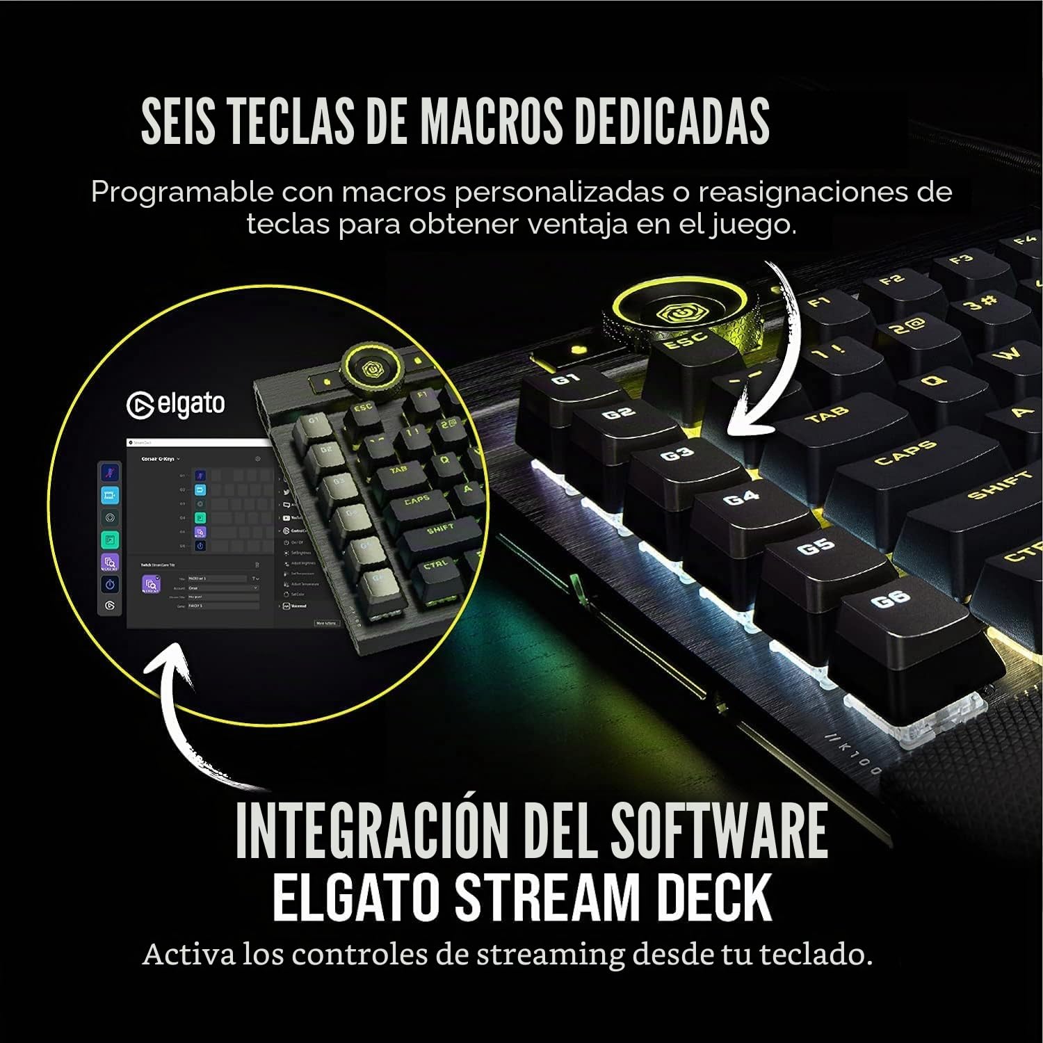 Corsair K100 RGB Teclado Gaming (conmutadores ópticos-mecánicos OPX: Ultra Fino y Lineal, Teclas de Doble inyección PBT, integración Elgato Stream Deck) AZERTY, Negro