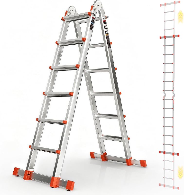Soctone Telescoping Ladder, 22 Ft A Frame Ladder Anti-Slip Multi Position | 330 lbs Security Load Aluminum Ladder with Stabilizer Bar for Stairs Household or Outdoor Roof, Orange