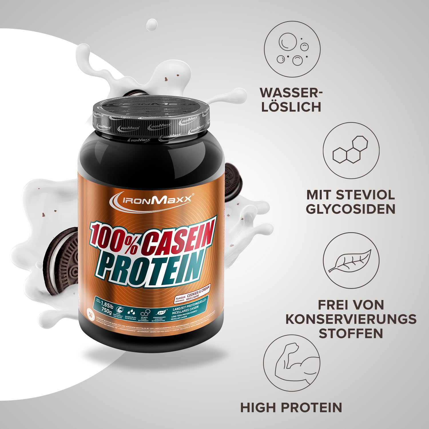 IronMaxx 100% Casein Protein Powder Cookies & Cream 750g – Caséine micellaire, protéine de caséine en poudre pour shake protéiné, nutrition fitness, musculation et apport protéiné