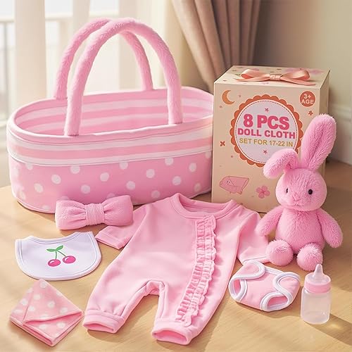 BABESIDE 8 Pcs Baby Doll Accessories, Reborn Baby Dolls Clothes with Bassinet for 17-22 Inch Babydolls, Outfit fit Newborn Babies Dolls Girl, Babies Pretend Play Set (Not Doll)