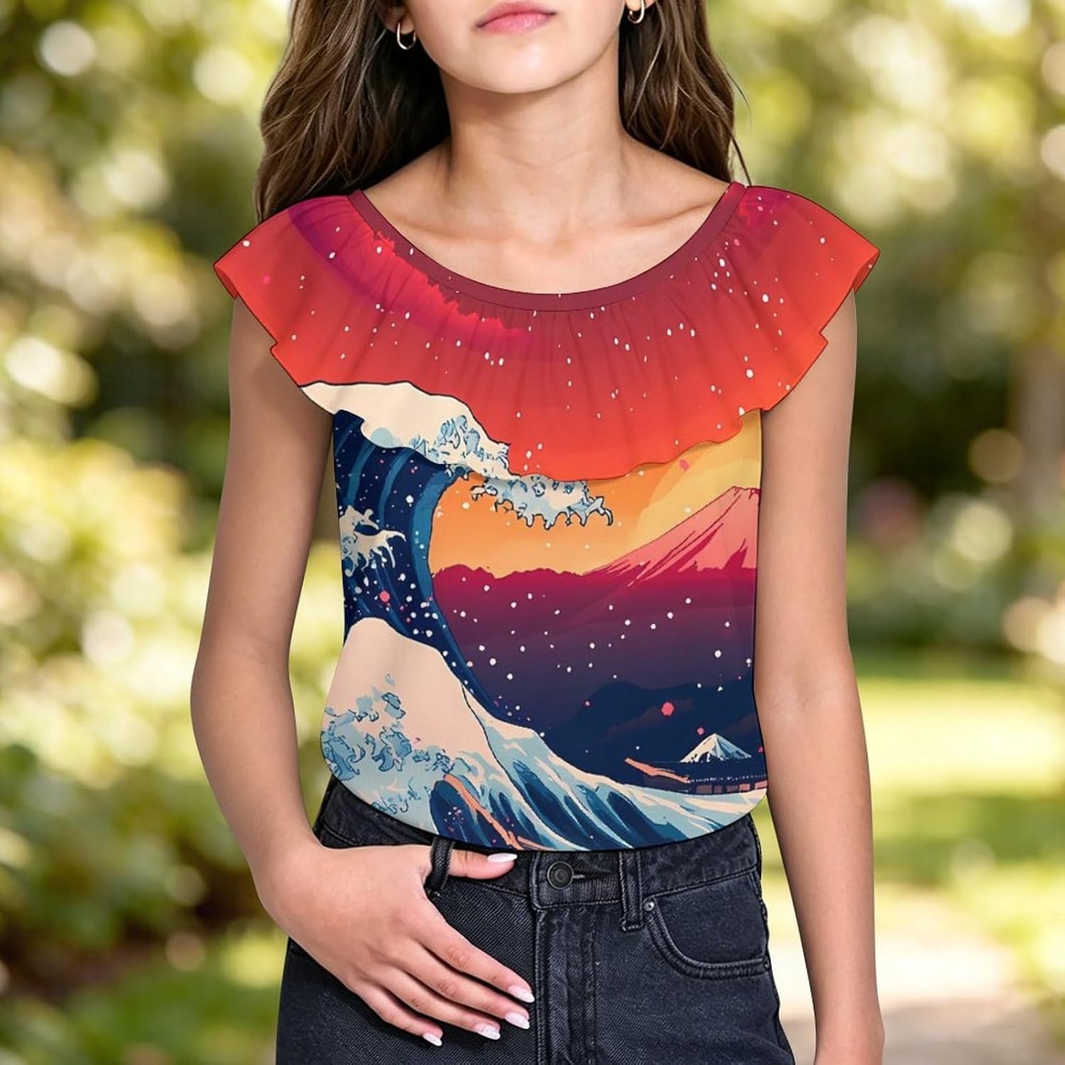 Japanese The Great Wave Fuji Mount Girls T-Shirts Top Ruffle Short Sleeve Blouse Casual Graphic Tees