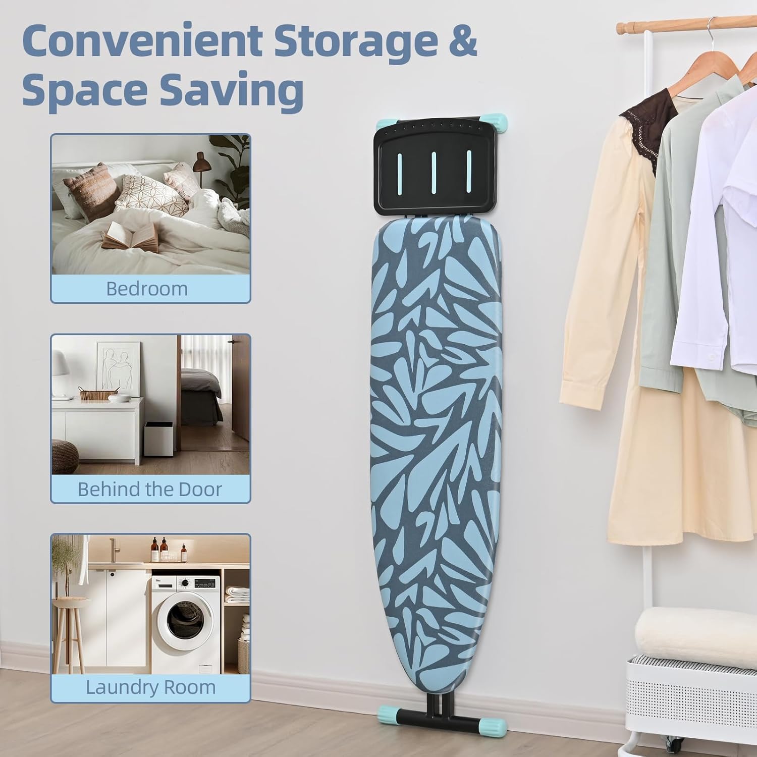 APEXCHASER Ironing Board, Full Size Iron Board, No Assembly, Height Adjustable 28-36 Inches, Reinforced Anti-Skid Legs with Iron Rest, Heat-Resistant Cover, for Home, Laundry, Dorm,13" x 53", Blue