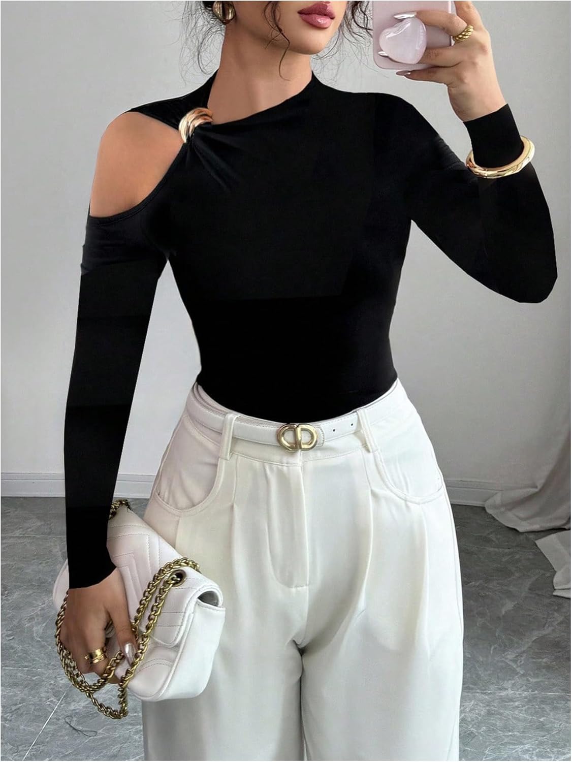 SweatyRocks Women's Mock Neck Cold Shoulder T Shirts Long Sleeve Cutout Slim Fitted Tops - Image 4