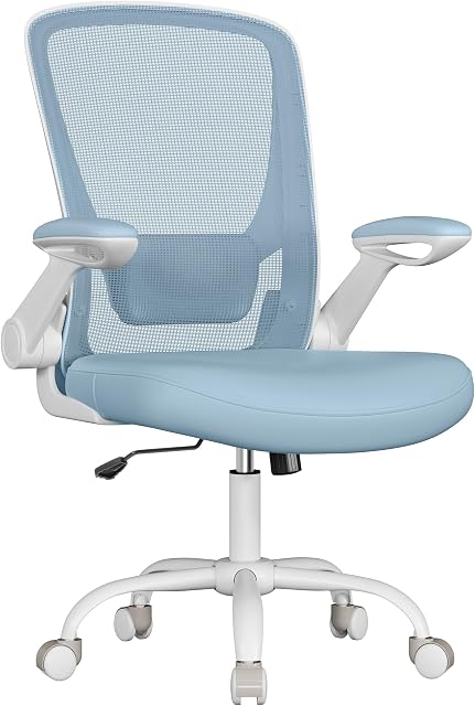 SONGMICS Ergonomiczne krzesło biurowe z tkaniny, krzesło, wyściełane podparcie lędźwiowe, mechanizm przechylający, szerokie siedzisko 53 cm, składane podłokietniki, mglisty niebieski, OBN037Q01