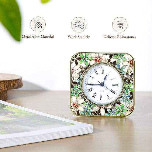 Miniatura 9 de KEYPOWER Reloj de mesa pequeño de cuarzo analógico de escritorio esmaltado con marco decorativo de diamante de cristal, para el hogar, dormitorio,