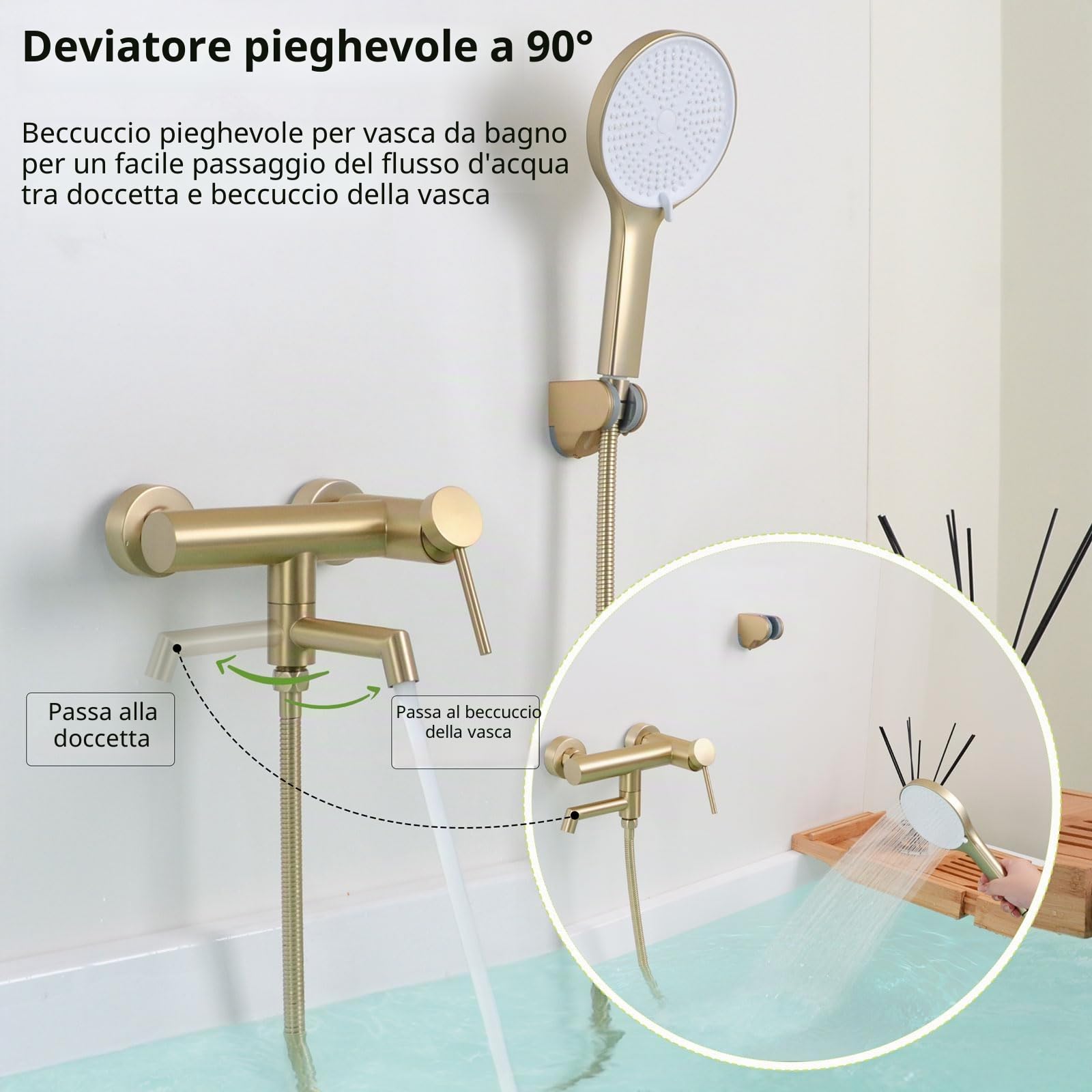 Rubinetto per Vasca, Miscelatore Vasca da Bagno con Doccetta, Regolabile Supporto e Tubo Doccia 150cm, Oro Spazzolato, 15Y4OK