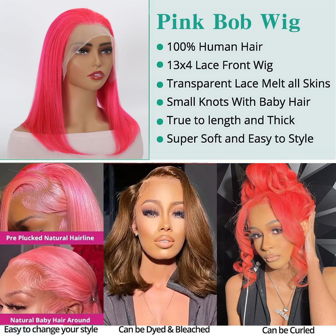 Pink 13x4 HD Lace Front Bob Wigs 12Inch Brazilian Virgin Human Hair Hot Pink with Boby Hair Wig Pre Plucked Natural Hairline Transparent Lace Pink Front Bob for Women (12Inch)