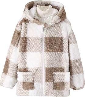 Chaqueta de forro polar para niñas, abrigo cálido y esponjoso para niñas jóvenes, con cremallera, a cuadros, con capucha, ropa de invierno para adolescentes