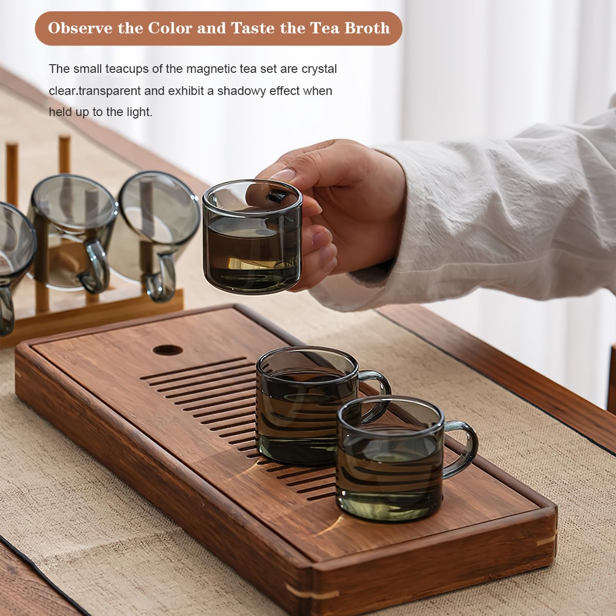 6 PCS Small Glass Tea Cups with Wooden Holder Set, 3.04oz/90ml Smoke Gray Kung Fu Teacup Set, Chinese Tea Utensil Decoration Transparent Tea Cup with Tray, Mini Espresso Cup Best Gift